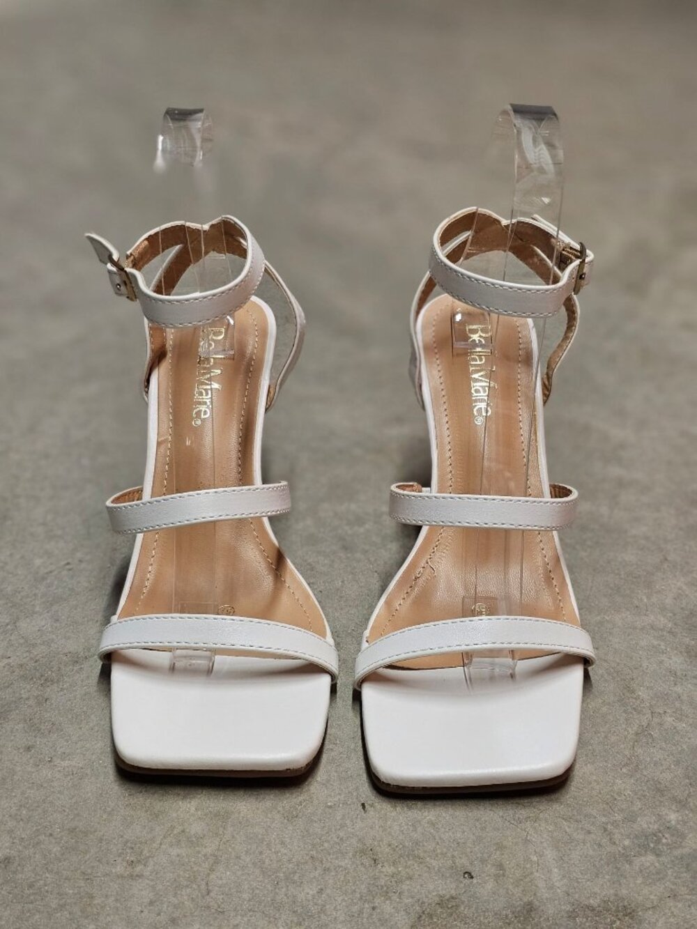 Strappy White High Heel Sandals With Square Toe & Adjustable Buckle Strap - Bell - Picture 5 of 14